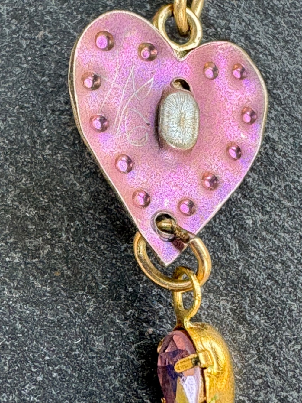 Vintage Holly Yashi Signed Niobium Heart Drop Earrings Amethyst Pink Crystal 90s - Picture 3 of 5